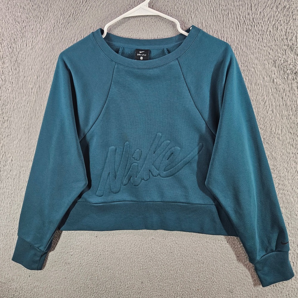 Nike Dri-FIT Womens Teal Blue Embossed Logo Cropped Sweatshirt Pullover Medium